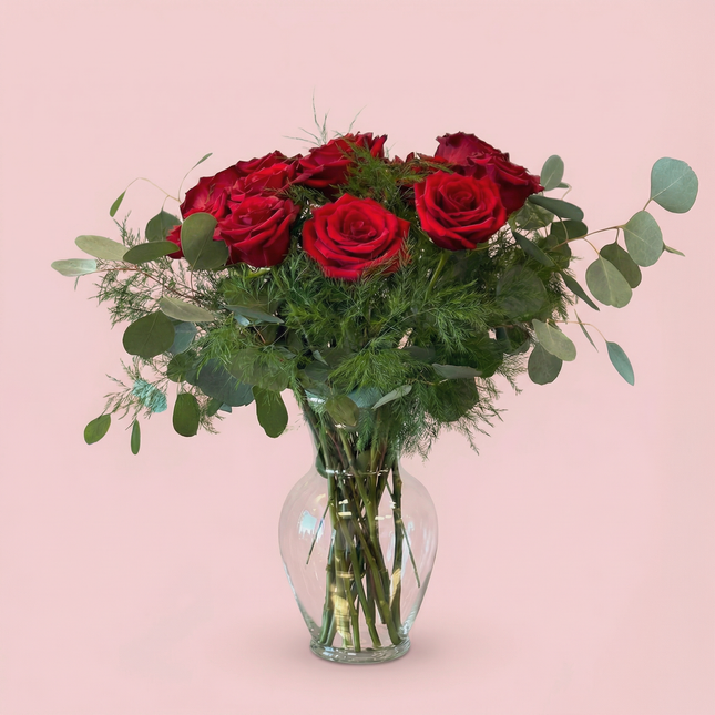 Red Roses - Garden style with Seeded Eucalyptus Bouquet (vase not included)