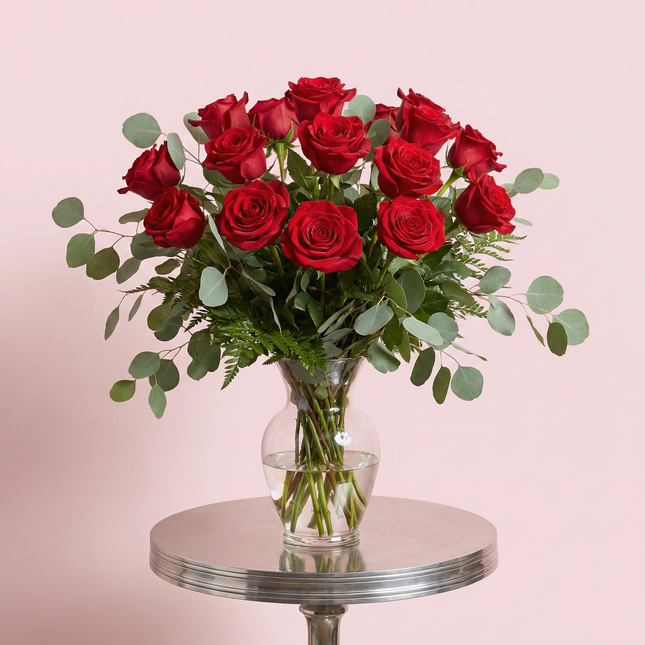 Red Roses - Garden style with Seeded Eucalyptus Bouquet (vase not included)
