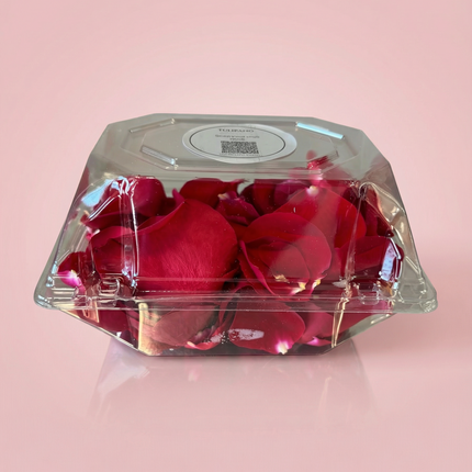 Container of red rose petals on a pink background