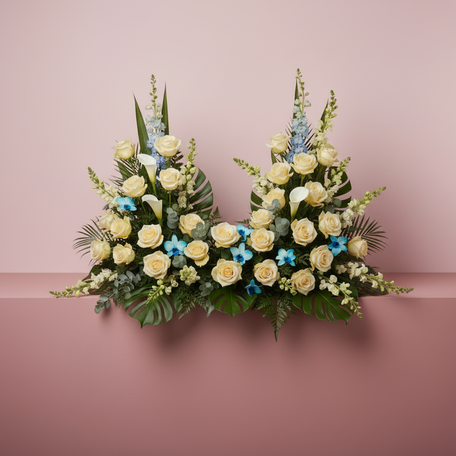 Roses and Calla Lilies Crown with blue accents